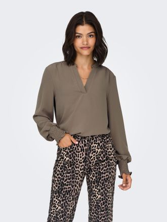 Only Blusenshirt ONLY ONLMETTE V-NECK LS SMOCK TOP NOOS WVN, Damen, Gr. XS, braun (braun lentil), Web, Obermaterial: 100% Polyester, unifarben, regular fit