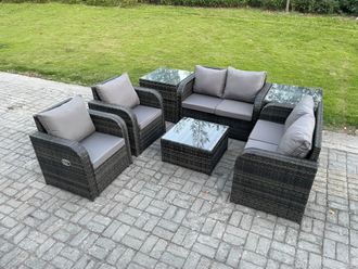 Fimous 6 Seater Rattan Sofa Set Outdoor Garden Furniture Set with Square Coffee Table Loveseat Sofa Reclining Chairs 2 Side Tables in Dark Grey
