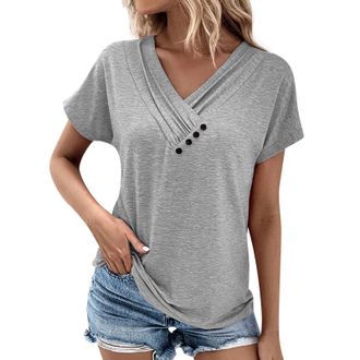 Generic WomenS Tank Tops Ladies Casual V Neck Short Sleeve T Shirt Pleated Solid Color Button Top Tops For Women 2024 (Grey, XXL)