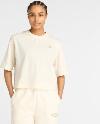 New Balance Donna Linear Heritage Relaxed T-Shirt in Bianca, Jersey di Cotone, Taglia XL