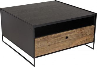 Macabane Mesa de centro negra con 1 cajón de pino reciclado y metal 80x80