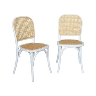 Sweeek Silla vintage de madera y rat&aacute;n, set de 2, blanco