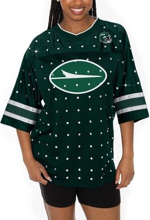 Gameday Couture Womens Gameday Couture Green New York Jets Kickoff Time Allover Rhinestone Sports Stripe Jersey V-Neck T-Shirt at Nordstrom, Size Medium