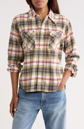 R13 Slim Fit Plaid Flannel Western Shirt in Cream White Grey Orange Plaid at Nordstrom Rack, Size Large