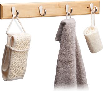Relaxdays Relaxdays - 4 Percheros Pared Con 4 Ganchos, Bamb&uacute;, Veteado, Madera Y Metal, 6 X 48,5 X 5 Cm, Color Natural