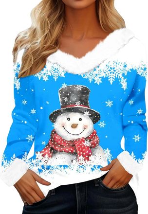 Generic Christmas sownman Sweatshirts for Women Faux Fur Trim Plush V Neck Funny Xmas Tops Novelty Santa Claus Graphic Pullover Shirt