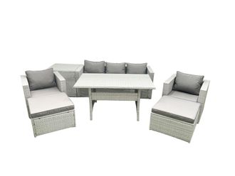 Fimous Garden Dining Set Outdoor Rattan Furniture Set with Sofa Dining Table 2 Chairs 2 Big Footstools Side Table Light Grey Mixed
