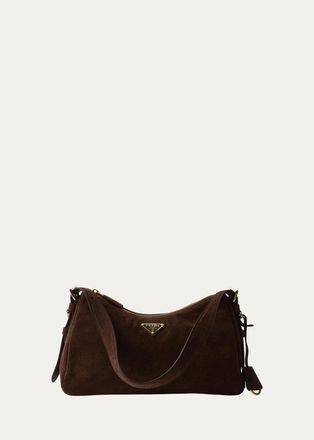 Prada Aimee Medium Zip Suede Shoulder Bag