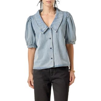 English Factory Peter Pan Collar Balloon Sleeve Denim Top in Blue at Nordstrom, Size X-Small