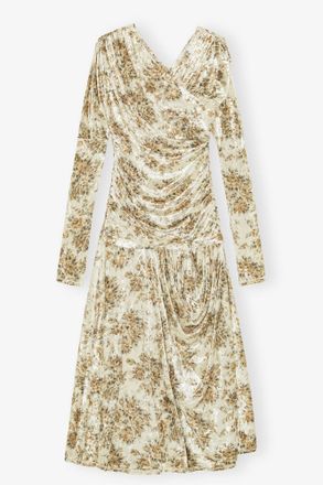 Ganni Golden Floral Ruched Dress - Size 34 Beige