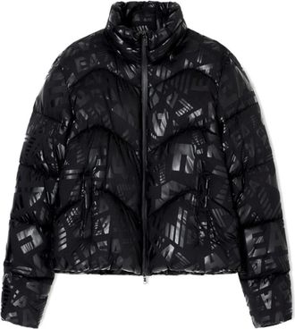 Emporio Armani Nylon Gewatteerde Jas met All-Over Monogramprint - Dames - Winterjassen - Zwart - S - Nylon - Jassen