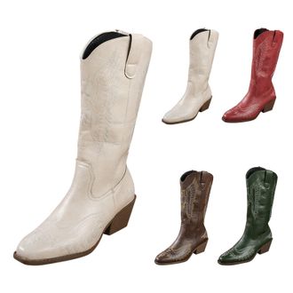 Generic Womens Western Mid-Calf Cowboy Boots with Floral Embroidered, Ladies Pointed Toe Chunky Heel Slip on Retro Tall Boots Classic Pull On Design Western F