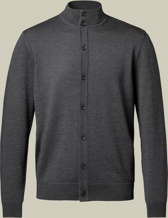 CHARLES TYRWHITT Pure Merino Button Through Funnel Neck Wool Cardigan - Grey Size Large by Charles Tyrwhitt
