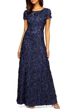 Alex Evenings Embellished Lace A-Line Evening Gown in Navy at Nordstrom, Size 10P