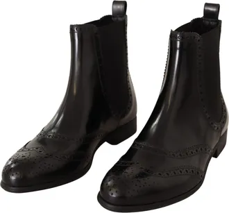 Dolce & Gabbana Black Leather Ankle High Flat Boots Womens Shoes