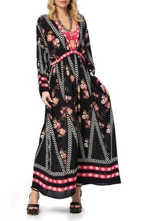 Saachi Floral Print Plunge Neck Cover-Up Kaftan in Black Combo at Nordstrom Rack