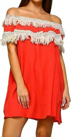 Velzera Off The Shoulder Fringe Mini Dress In Coral
