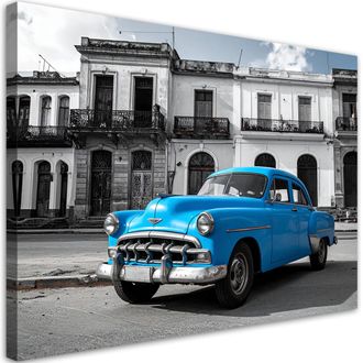 Feeby Cuadro En Lienzo, Coche Antiguo Azul En Una Calle De La Habana Cuba, 100x70