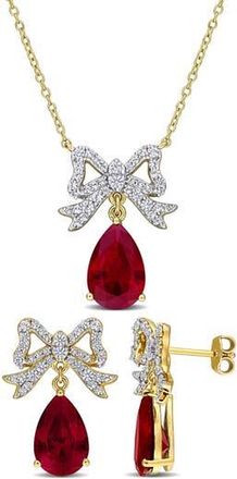 Delmar Lab Created Ruby & White Sapphire Bow Pendant Necklace & Stud Earrings Set in Red at Nordstrom Rack