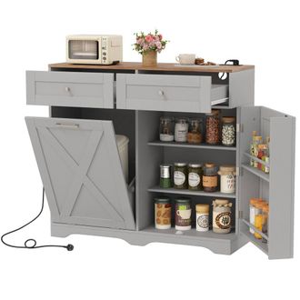 Costway Costway Tilt Out Trash Can Cabinet Garbage Cabinet w/ Outlets & 2 Drawers in Grey
