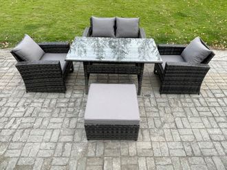 Fimous Wicker Outdoor Garden Furniture Set Patio Furniture Rattan Rectangular Dining Table Lounge Sofa Set in Dark Grey