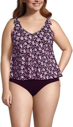 Lands End Chlorine Resistant V-neck Shoulder Tie Flutter Tankini Swimsuit Top in Tropic Floral Ditsy/dark Wine at Nordstrom, Size 16W