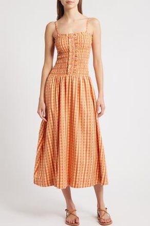 Damson Madder Grace Smocked Organic Cotton Midi Sundress in Orange at Nordstrom Rack, Size 12 Us / 16 Uk