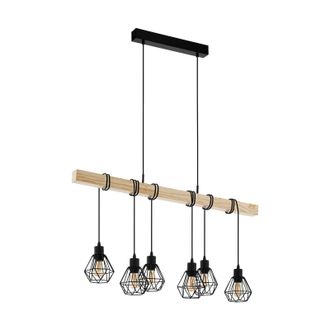Loops Hanging Ceiling Pendant Light Black Cage & Wood 6x E27 Kitchen Island Lamp