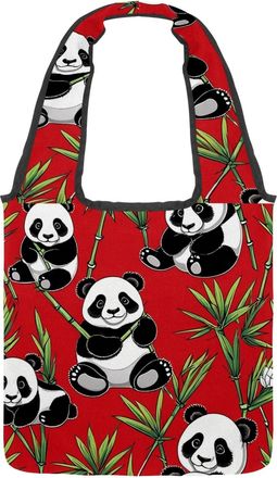 Generic Cute Panda on Red Reversible Canvas Shoulder Tote - Double-Sided Print, 12oz Cotton, 27cm Drop, Fold-Flat Bag for Travel, Shopping, Street Outings