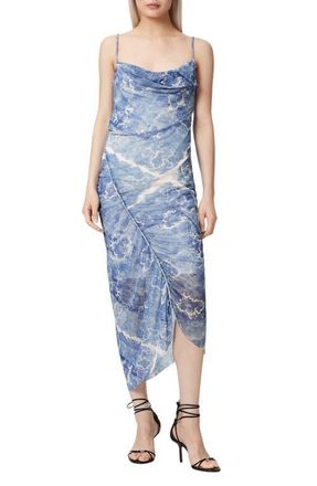 AllSaints Ulla Paisley Print Ruched Asymmetric Hem Midi Dress in Joanne Blue at Nordstrom, Size 10 Us