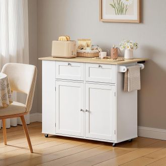 Woltu Woltu Isla De Cocina Con Ruedas, 3 Estantes Laterales Y 2 Cajones, Almacenamiento Que Ahorra Espacio, Roble Claro + Blanco
