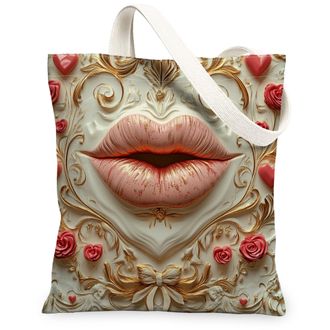 Generic Valentines Day Floral Canvas Tote Bag, Romantic Lips Pattern Reusable Grocery Bags, Lightweight Washable Shoulder Strap Canvas Bags for Travel Shoppin