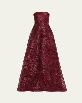 Naeem Khan Strapless Metallic Raffia Embroidered Ball Gown