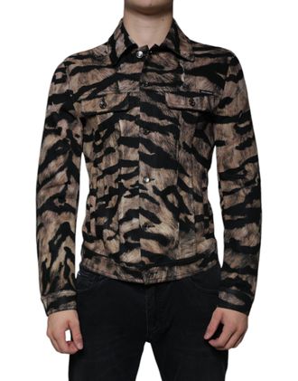 Dolce & Gabbana Mens Brown Tiger Button Down Collared Jacket Black And Cotton Elastane Clothing