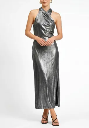 Rachel Roy Harland Crossover Halter Maxi Dress in Silver at Nordstrom, Size Xx-Large