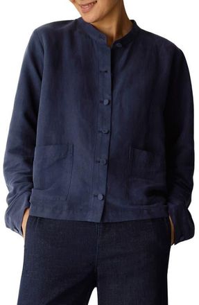 Eileen Fisher Mandarin Collar Organic Linen & Silk Twill Jacket in Ink at Nordstrom, Size Medium