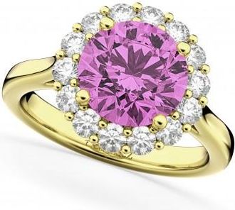 Allurez Halo Round Pink Sapphire & Diamond Engagement Ring 14K Yellow Gold 4.45ct