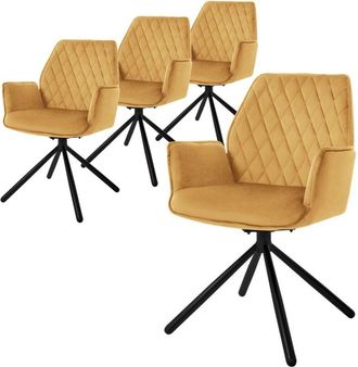 ML Design Ml-design - 4x Sillas De Comedor Con Respaldo Y Reposabrazos Asientos Amarillo Mostaza Tapizado Con Funda De Terciopelo Patas De Metal Sill&oacute;n Giratori