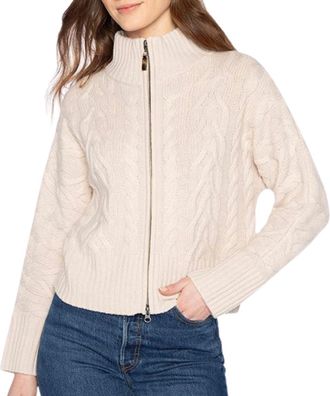 Kinross Cashmere Luxe Cable Zip Cardigan In Canvas