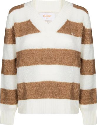 Sun 68 striped-pattern V-neck sweater - White