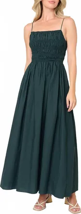 Moon River Sleeveless Square Neck Shirred Tie Back Midi Dress In Dark Green