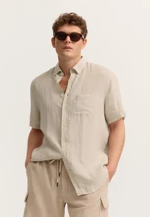 Bugatti Herren Korte mouwen shirt Modern Fit van linnen met button-down kraag