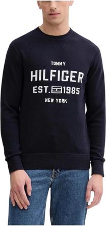 Tommy Hilfiger Bedrukte katoenen knitwear met lange mouwen - Heren - Ronde hals truien - Blauw - XL - Katoen - Truien & Vesten