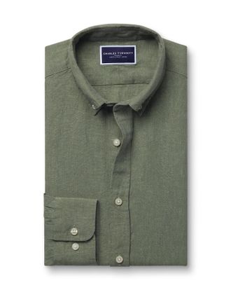 CHARLES TYRWHITT Button-Down Pure Linen Shirt - Olive Green Size Large by Charles Tyrwhitt