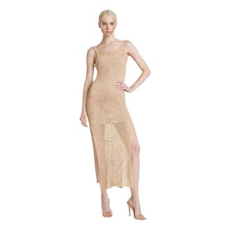 Simona Corsellini Abito midi sottoveste con spacchi in crochet lurex - Dames - Kleedjes - Beige - L - Kleedjes
