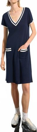 Joseph Ribkoff Viscose Knit A-Line Dress With Rib Trim In Indigo/vanilla