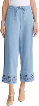 Jones New York Embroidered Border High Waist Crop Wide Leg Drawstring Jeans in Pisces Wash at Nordstrom, Size X-Smallp