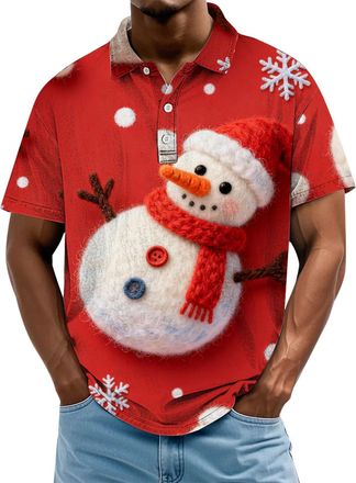 Generic Christmas Polo Shirts for Men Xmas Tree Santa Claus Print Golf Shirt Short Sleeve Mens Polos Button Collar Holiday Tee Tops, A06-Red, XL