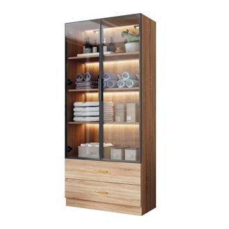 STILVORA Armario De Bano Con 2 Cajones, 2 Puertas Y Estantes Abiertos, Puerta De Vidrio, En Mdf, Marron