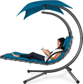 Best Choice Products Hanging Curved Chaise Lounge Chair Swing for Backyard, Patio w/ Pillow, Shade, Stand